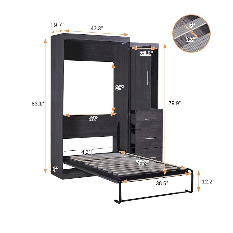 Lit escamotable gris avec armoire et 3 tiroirs, grand lit/lit simple, 1 personne