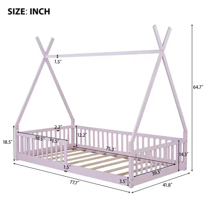 Lit de sol pour enfants, lits cabane doubles, lit de sol Montessori avec lattes et barrières de protection, cadre de lit cabane en bois pour garçons et filles