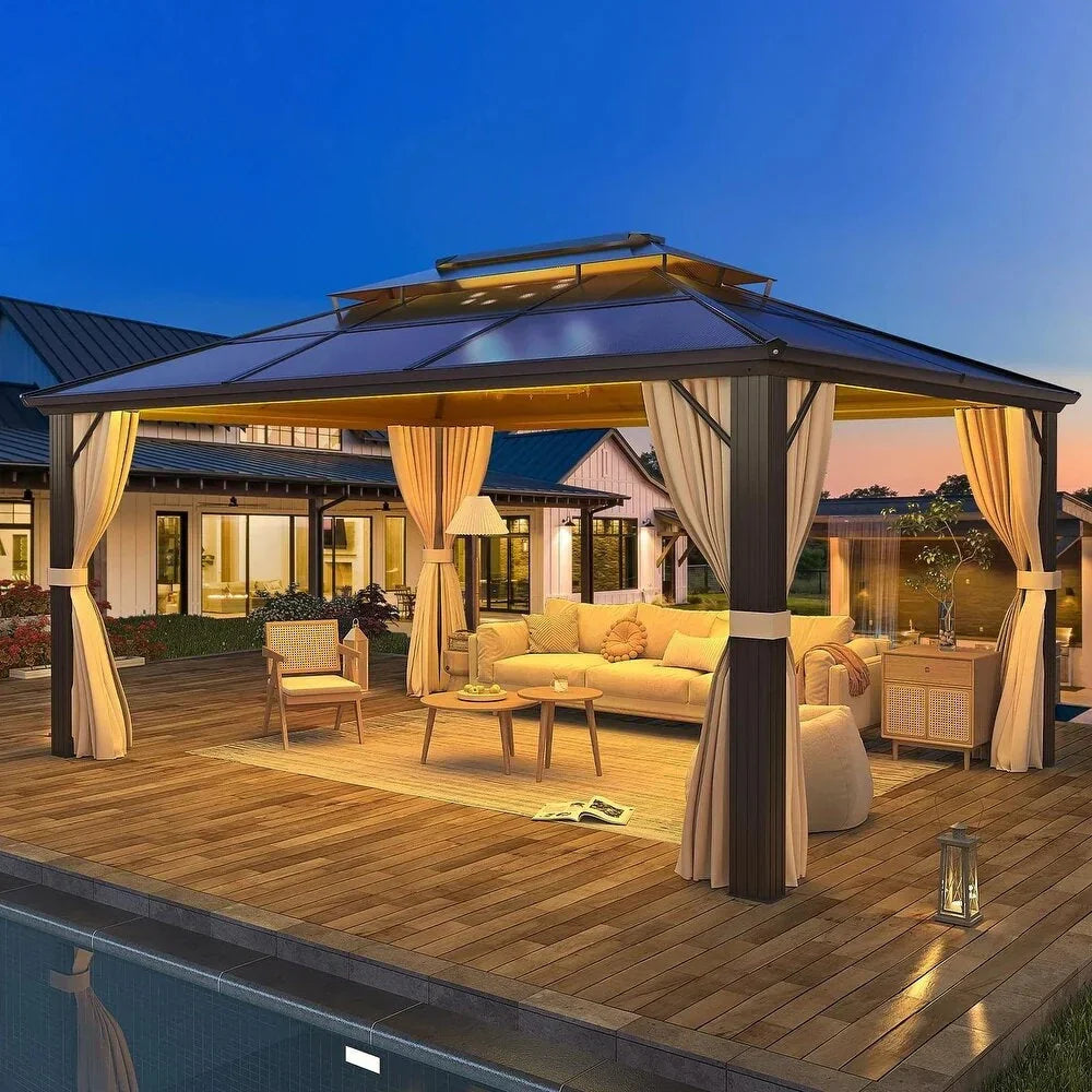 Tonnelle EROMMY à toit rigide, pergola extérieure avec double toit, moustiquaire et rideaux, auvent robuste pour patio, jardin, fête au bord de la piscine