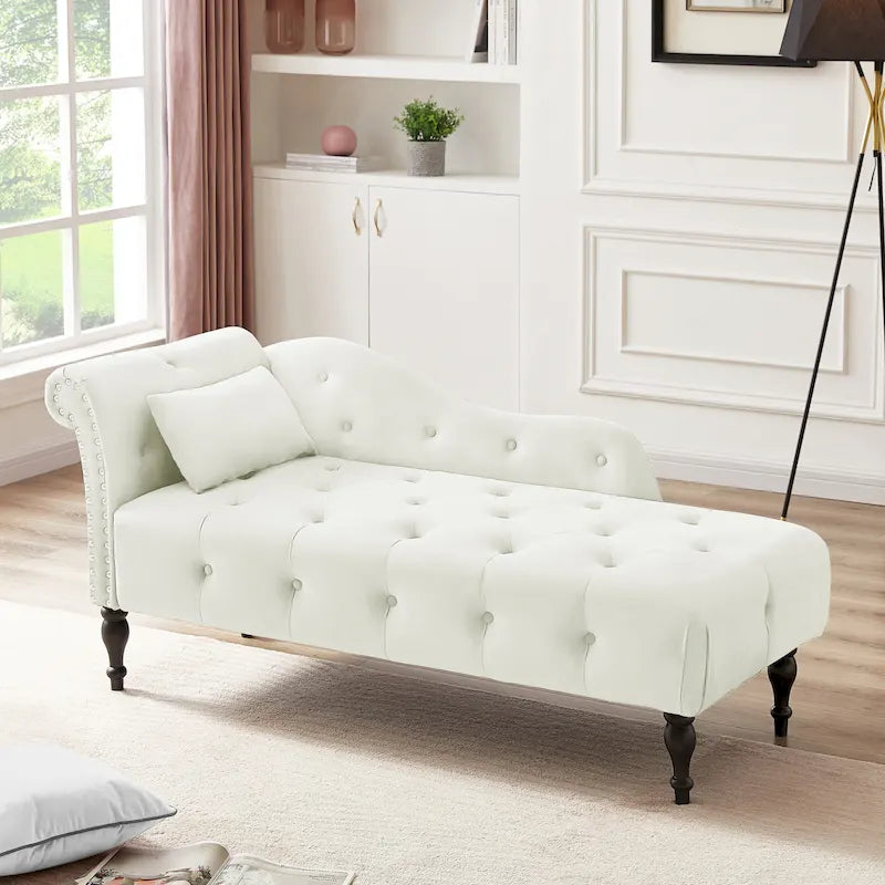 Chaise longue moderne de 154 cm avec revêtement en velours, boutons capitonnés, pieds en bois massif et clous de tapissier