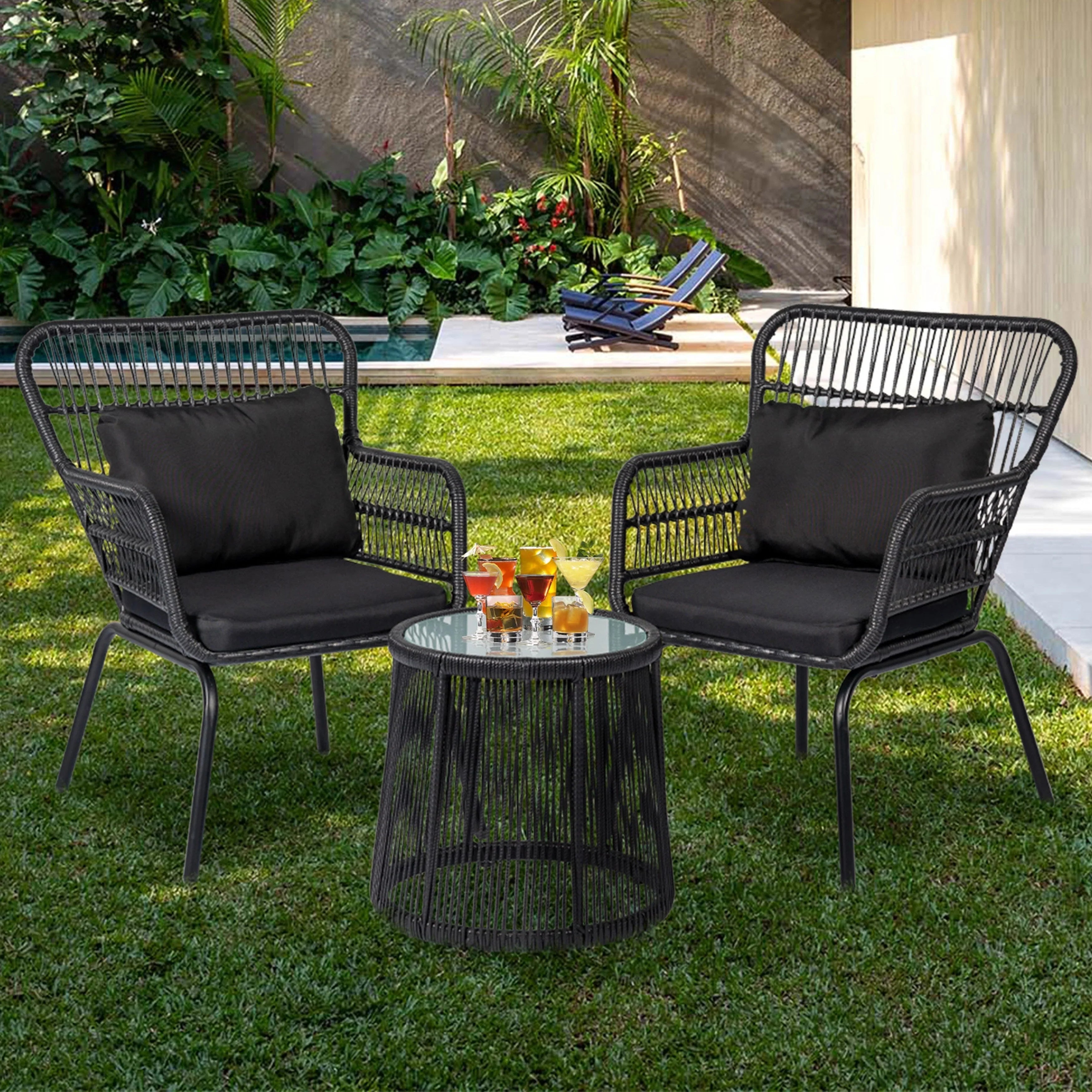 Ensemble bistrot 3 pièces en osier pour conversation, salon de jardin en rotin résistant aux intempéries avec coussins