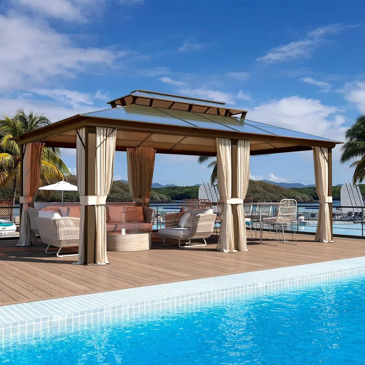 Tonnelle EROMMY à toit rigide, pergola extérieure avec double toit, moustiquaire et rideaux, auvent robuste pour patio, jardin, fête au bord de la piscine