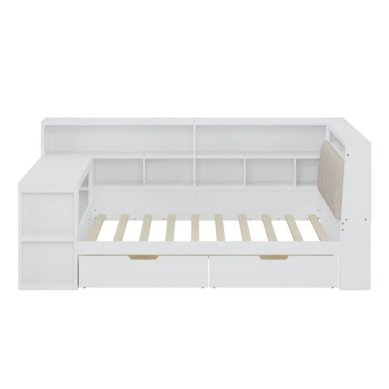 Canapé-lit d'angle en bois en forme de L avec bureau, bibliothèque, lit d'angle avec tiroirs de rangement, tête de lit rembourrée et éclairage intégré