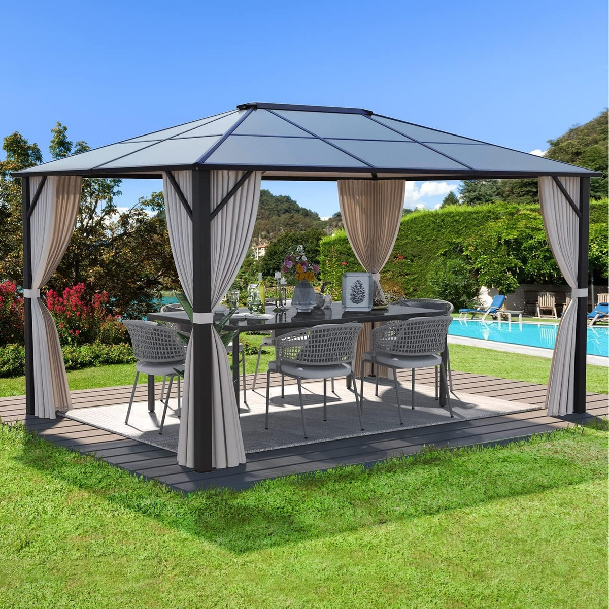 Tonnelle EROMMY à toit rigide, pergola extérieure avec double toit, moustiquaire et rideaux, auvent robuste pour patio, jardin, fête au bord de la piscine