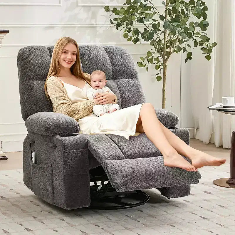 Fauteuil inclinable surdimensionné pour adultes, canapé berçant pivotant manuel, poches latérales et porte-gobelets pour personnes fortes et de grande taille, salon