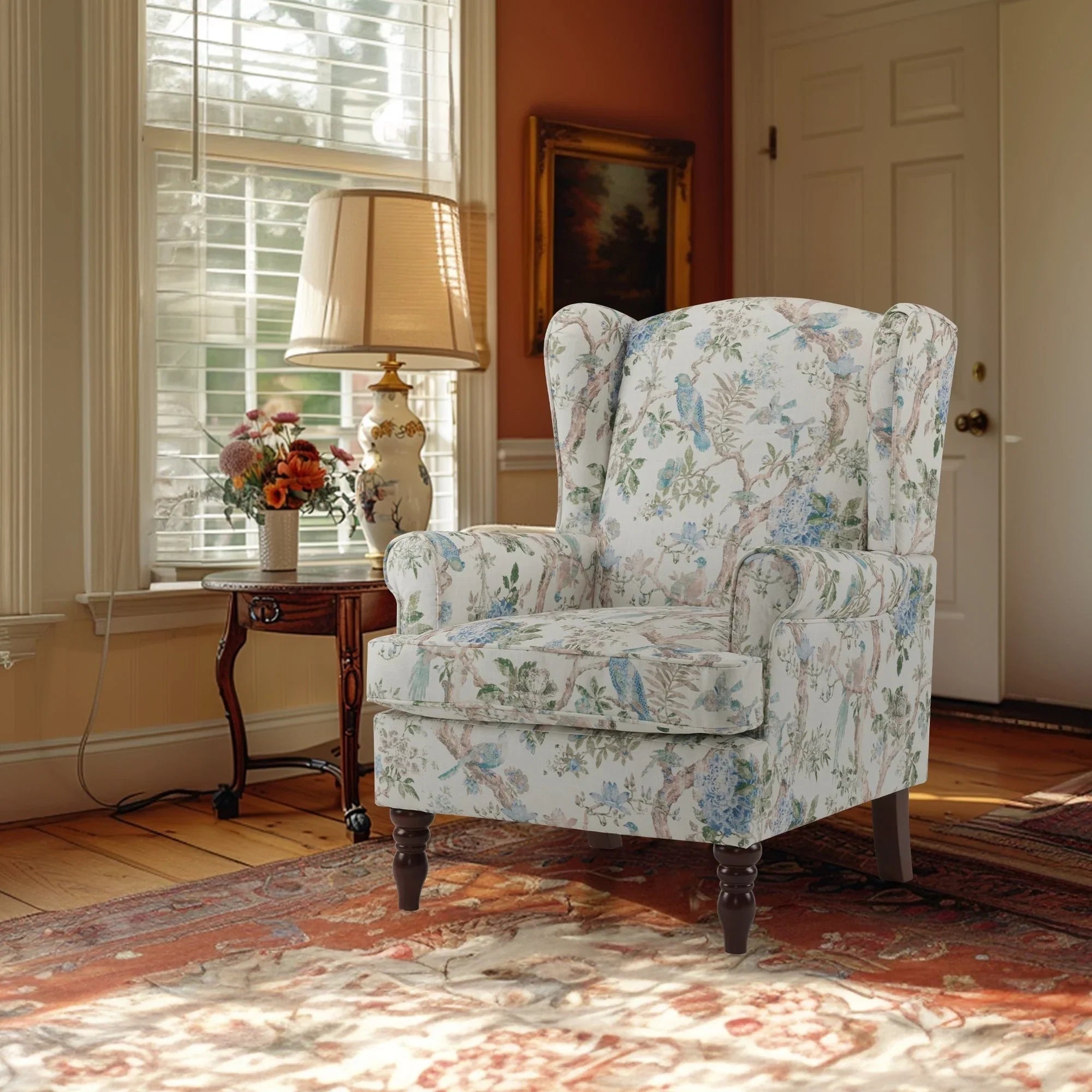 Fauteuil d'appoint moderne Erommy, fauteuil à dossier haut, canapé simple en tissu rembourré avec boutons et pieds en bois pour salon