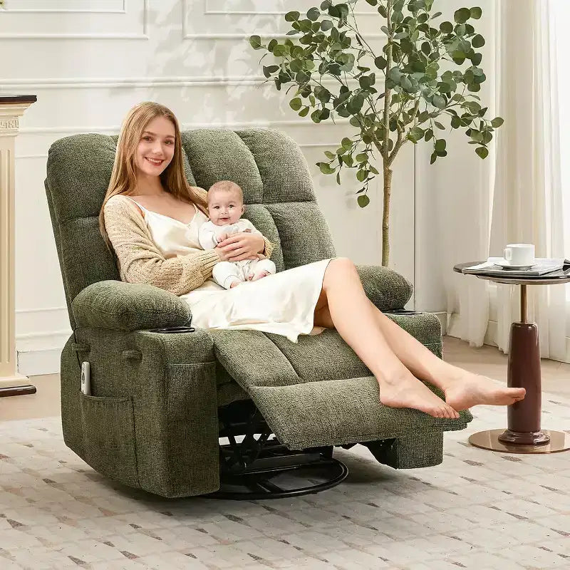 Fauteuil inclinable surdimensionné pour adultes, canapé berçant pivotant manuel, poches latérales et porte-gobelets pour personnes fortes et de grande taille, salon