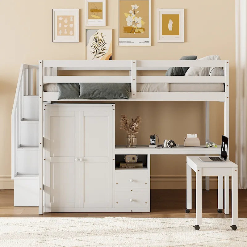 Lit mezzanine double avec escalier, bibliothèque, bureau et armoire – Meuble multifonctionnel et peu encombrant pour enfants et adolescents – Blanc