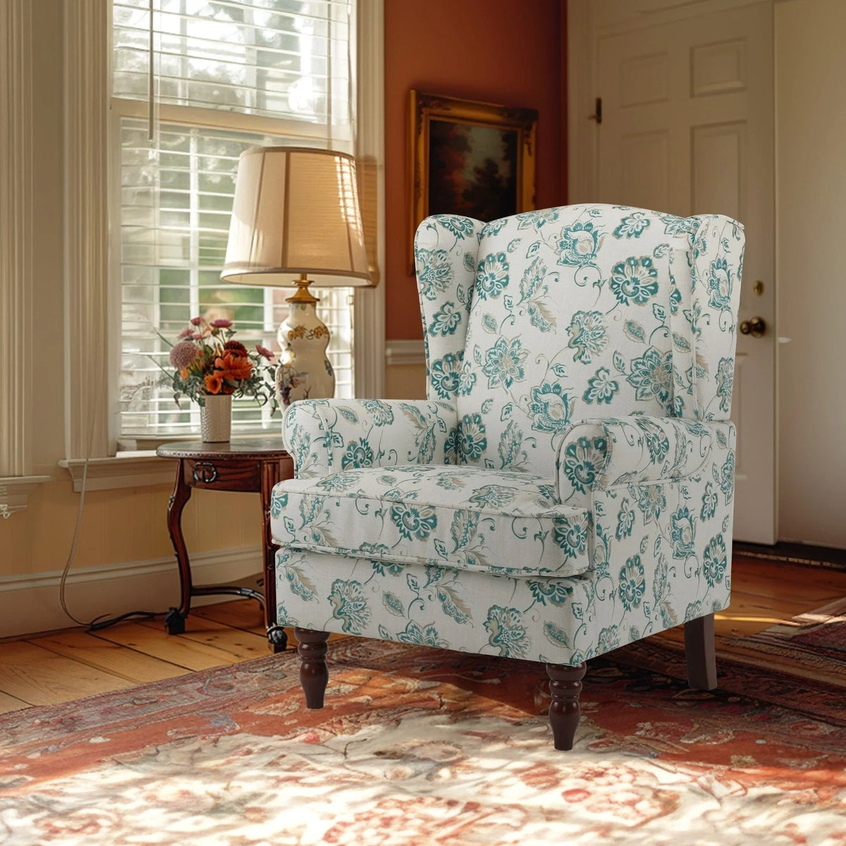 Fauteuil d'appoint moderne Erommy, fauteuil à dossier haut, canapé simple en tissu rembourré avec boutons et pieds en bois pour salon