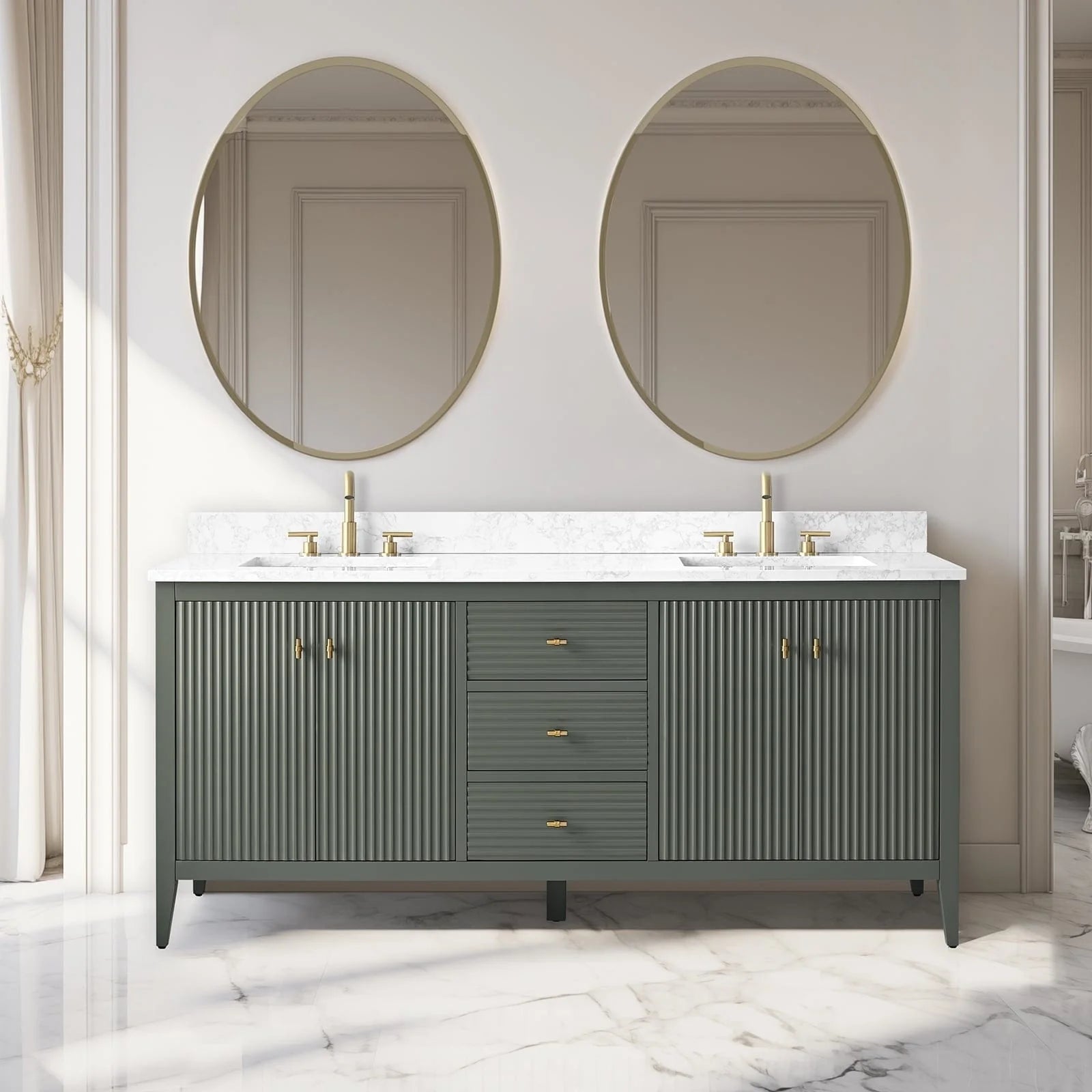 Meuble-lavabo de salle de bain Vanity Art 72 po à double vasque avec dessus en marbre reconstitué