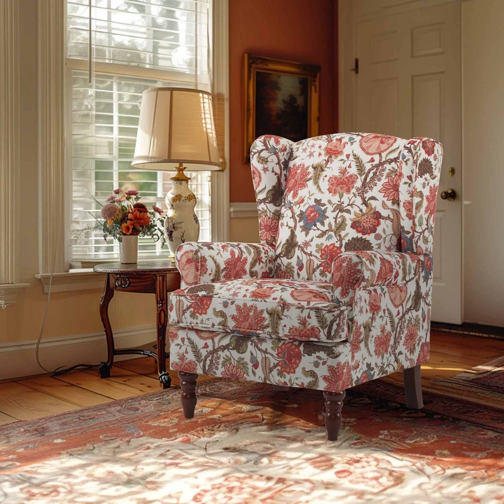 Fauteuil d'appoint moderne Erommy, fauteuil à dossier haut, canapé simple en tissu rembourré avec boutons et pieds en bois pour salon