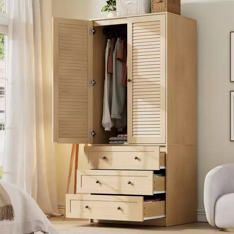 COZONY Armoire penderie avec 3 tiroirs et 2 portes, Placard de rangement moderne en bois pour chambre à coucher, Armoire sur pied blanche robuste