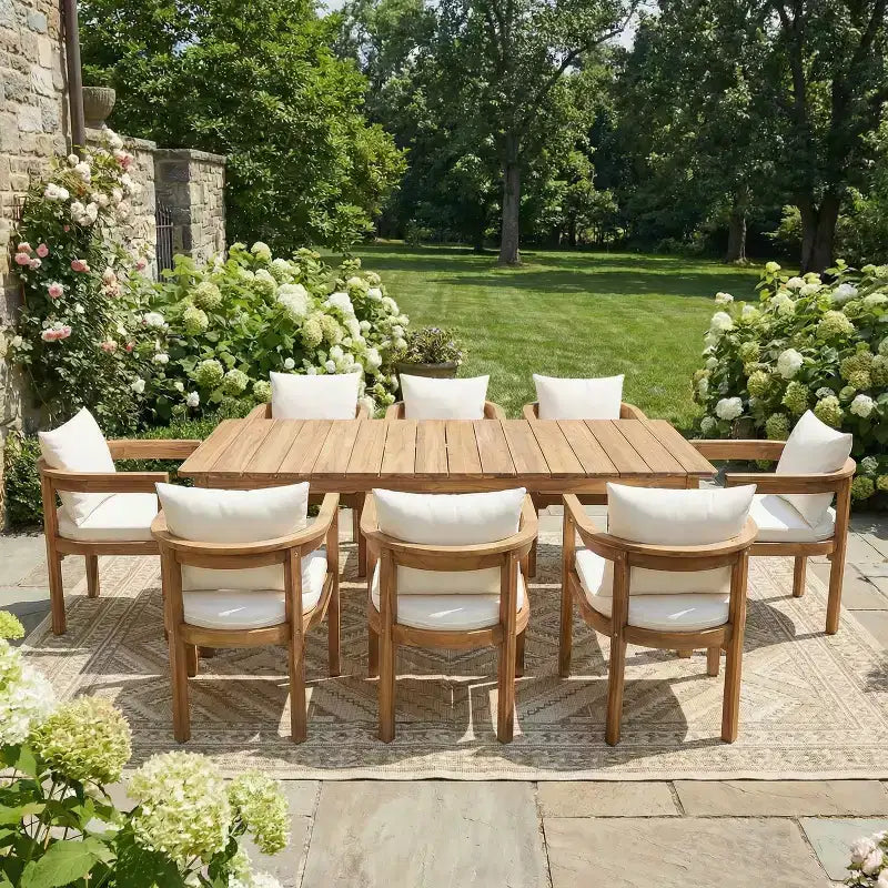 Ensemble de salle à manger d'extérieur rustique Christopher Knight Home Irene 9 pièces en bois d'acacia avec chaises à dossier incurvé et coussins