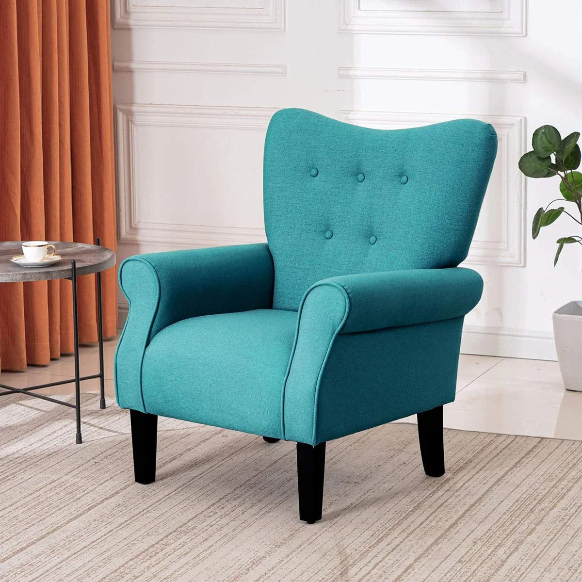 Fauteuil d'appoint moderne Erommy, fauteuil à dossier haut, canapé simple en tissu rembourré avec boutons et pieds en bois pour salon