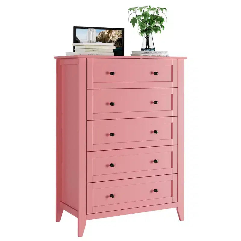 Commode à 5 tiroirs de 108 cm de haut pour chambre à coucher, armoire de rangement en bois avec tiroirs de 30 cm de profondeur et poignées en métal doré, idéale pour l'entrée ou le couloir