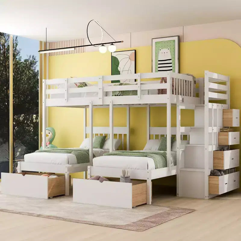 Lit superposé triple en bois Whisen, lit superposé double sur lits jumeaux avec tiroirs et garde-corps