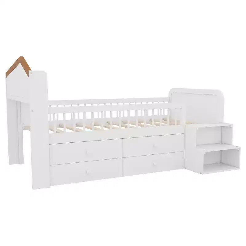 Lit mezzanine bas Whisen avec lumières LED, tête de lit en forme de maison et tiroirs de rangement, construction robuste