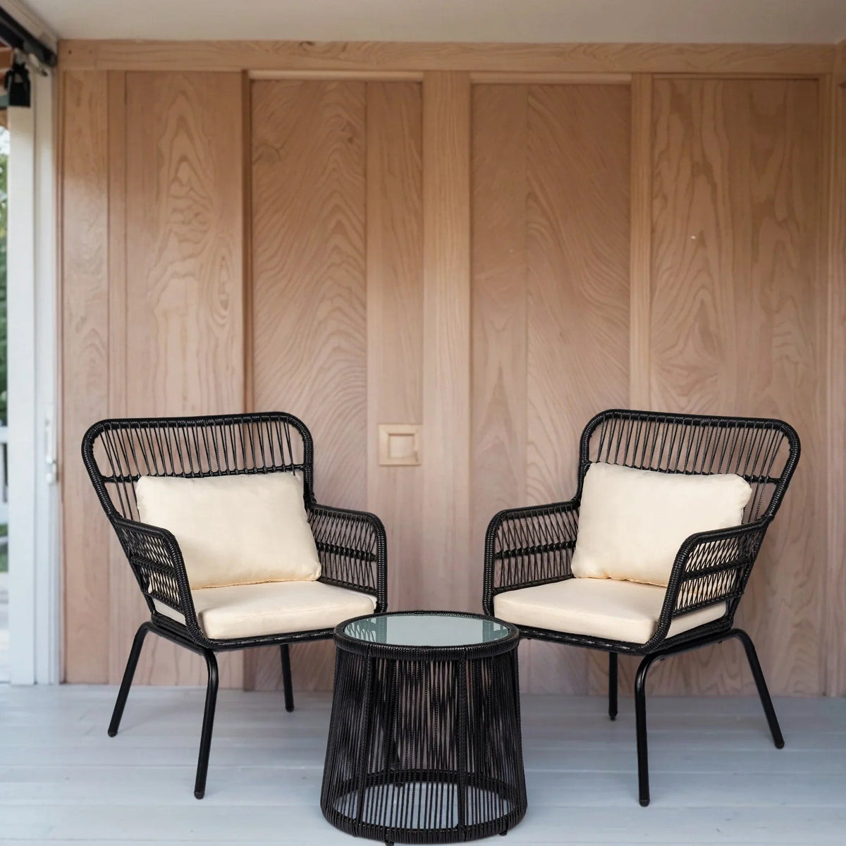 Ensemble bistrot 3 pièces en osier pour conversation, salon de jardin en rotin résistant aux intempéries avec coussins
