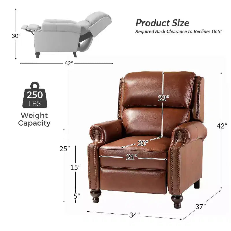 Ensemble de 2 fauteuils inclinables modernes en cuir véritable Elisabete avec garniture cloutée vintage pour salon et chambre à coucher | ART OF LIVING DESIGNS