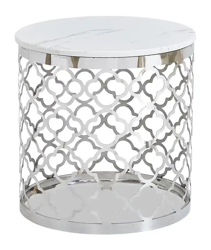 Belle 19.75 Glam Round End Table - White Marble Top with Stainless Steel Base