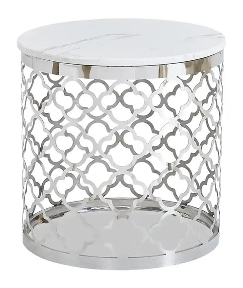 Belle 19.75 Glam Round End Table - White Marble Top with Stainless Steel Base