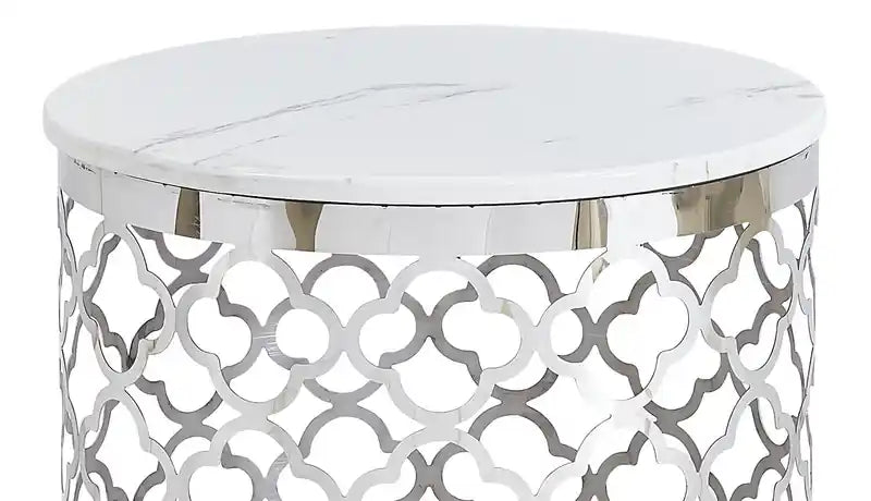 Table d'appoint ronde Glam de 19,75 po – Dessus en marbre blanc avec base en acier inoxydable