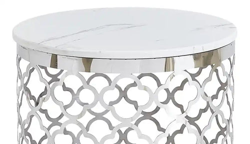 Table d'appoint ronde Glam de 19,75 po – Dessus en marbre blanc avec base en acier inoxydable