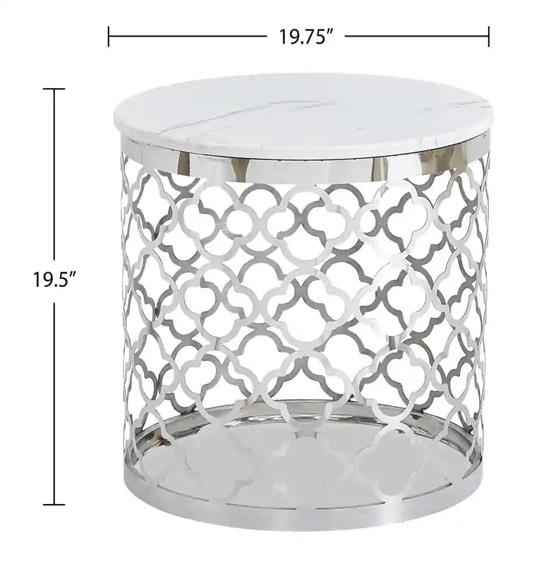 Table d'appoint ronde Glam de 19,75 po – Dessus en marbre blanc avec base en acier inoxydable