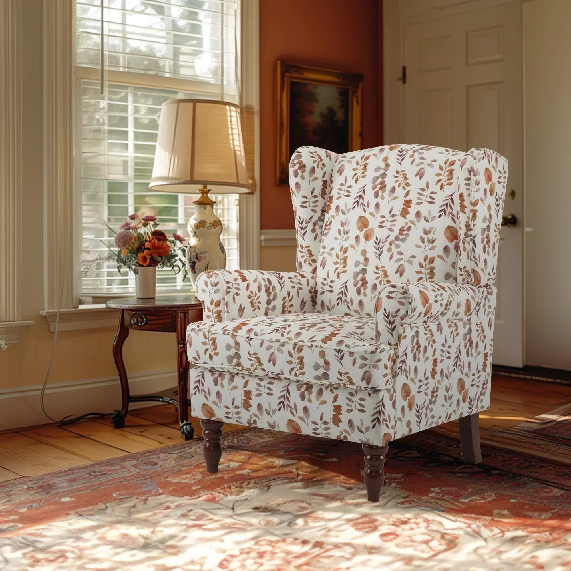 Fauteuil d'appoint moderne Erommy, fauteuil à dossier haut, canapé simple en tissu rembourré avec boutons et pieds en bois pour salon