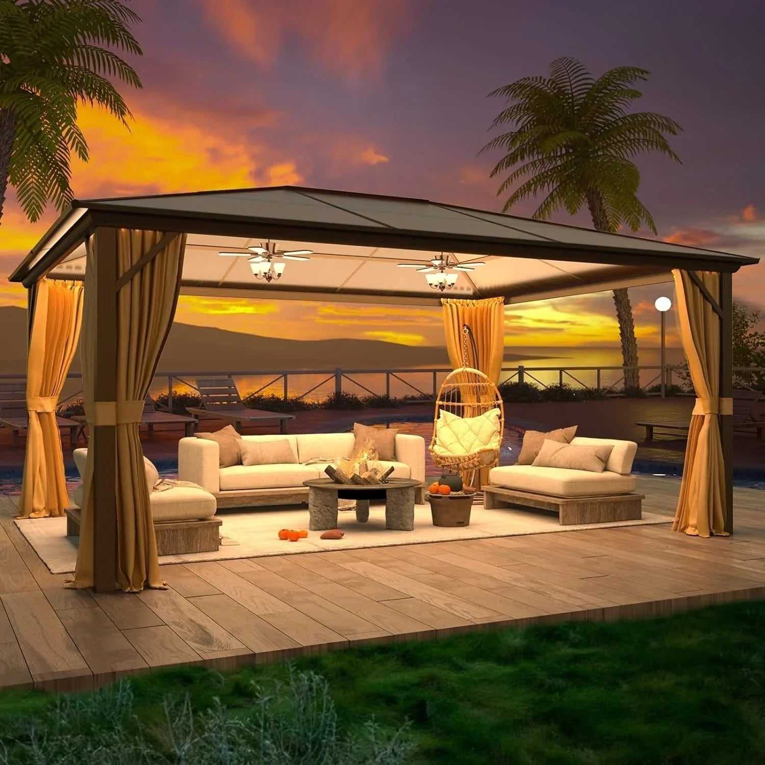 Tonnelle EROMMY à toit rigide, pergola extérieure avec double toit, moustiquaire et rideaux, auvent robuste pour patio, jardin, fête au bord de la piscine