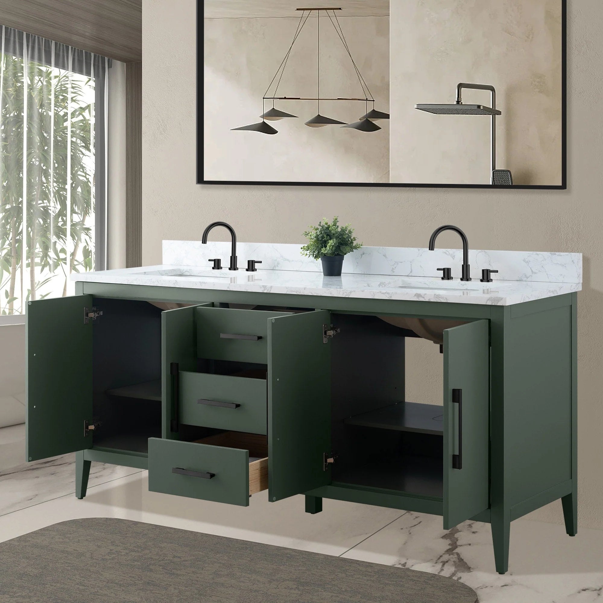 Meuble-lavabo de salle de bain Vanity Art 72 po à double vasque avec dessus en marbre reconstitué