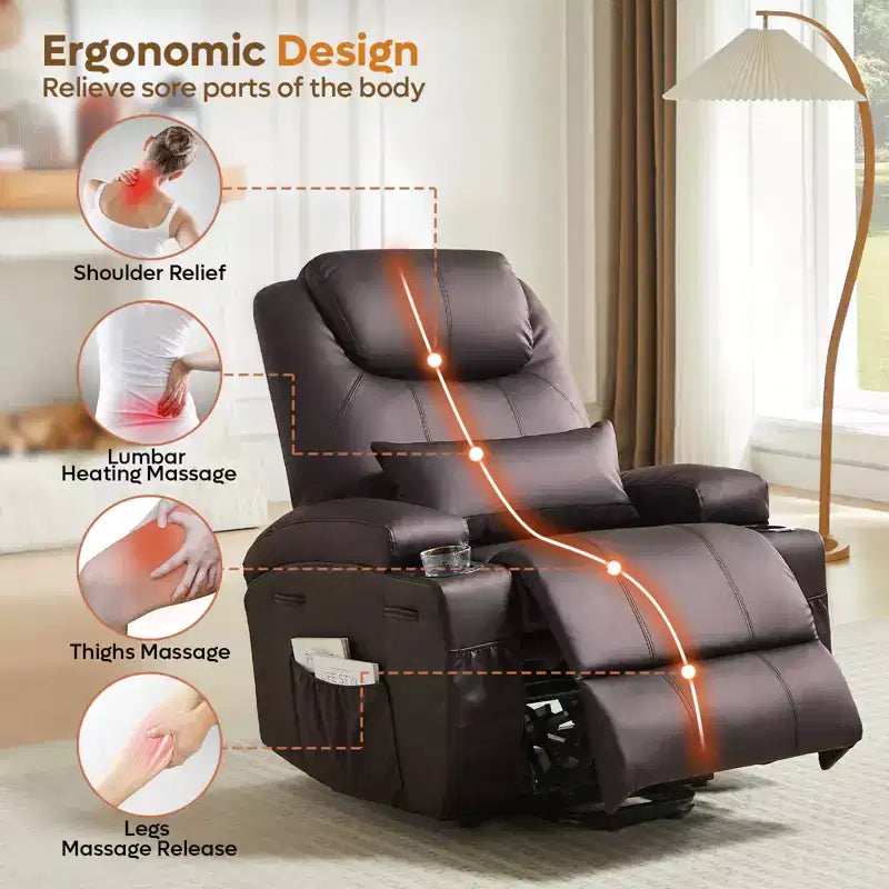Fauteuil inclinable électrique Bestier de 88 cm avec fonction de levage, massage et chauffage, en similicuir, avec poches latérales et porte-gobelets