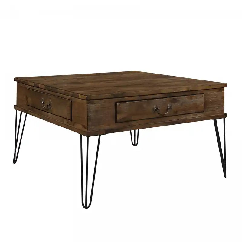 Table basse carrée avec 2 tiroirs, chêne rustique