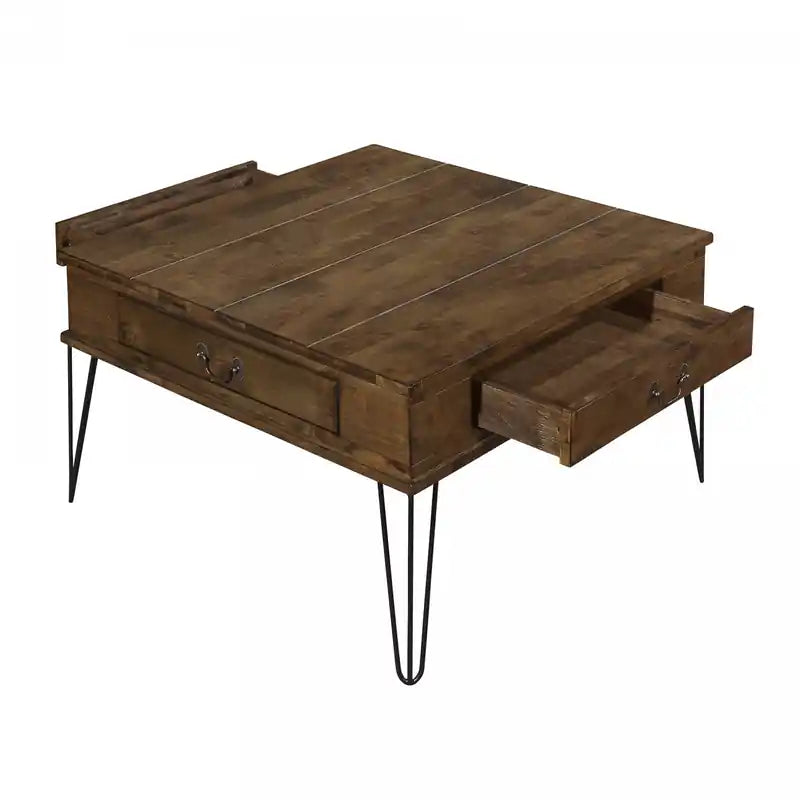 Table basse carrée avec 2 tiroirs, chêne rustique