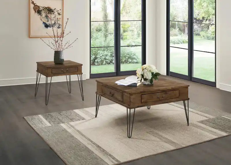Table basse carrée avec 2 tiroirs, chêne rustique