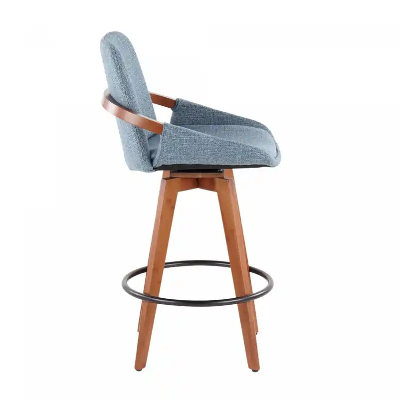 Tabouret de comptoir mi-siècle en tissu – Noyer/Bleu