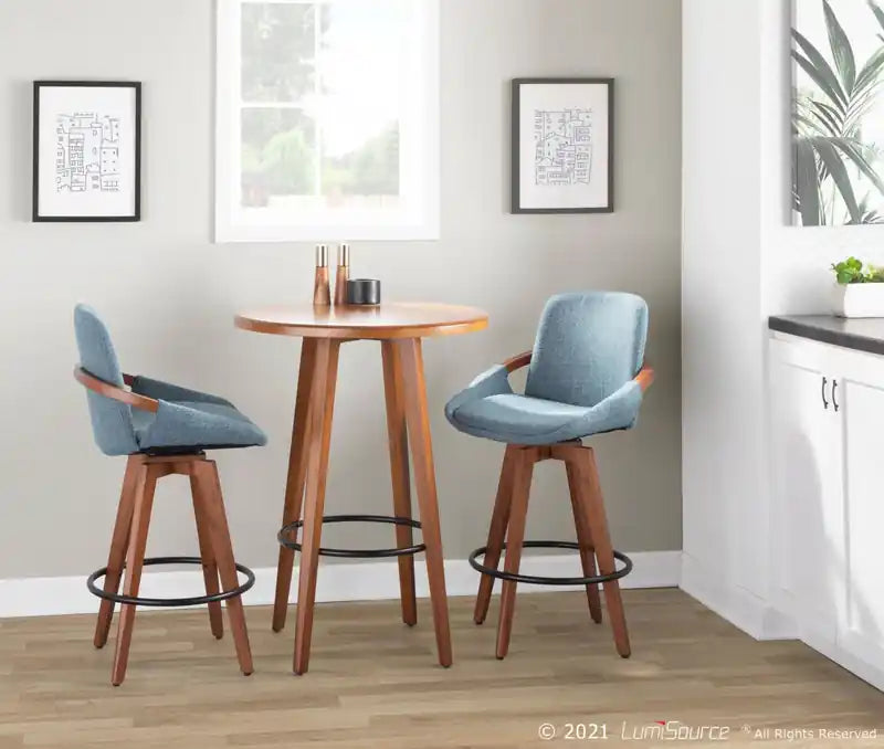 Tabouret de comptoir mi-siècle en tissu – Noyer/Bleu