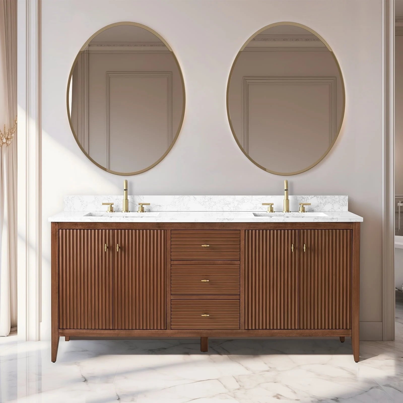 Meuble-lavabo de salle de bain Vanity Art 72 po à double vasque avec dessus en marbre reconstitué
