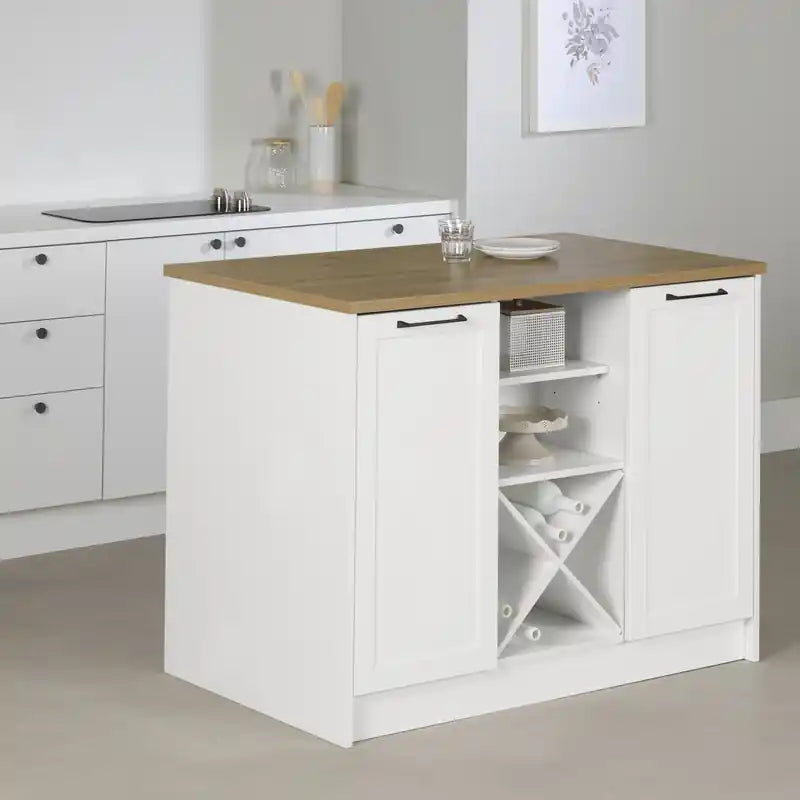 Îlot de cuisine 6 tiroirs avec portes et rangement à vin - Blanc et Érable Muscade