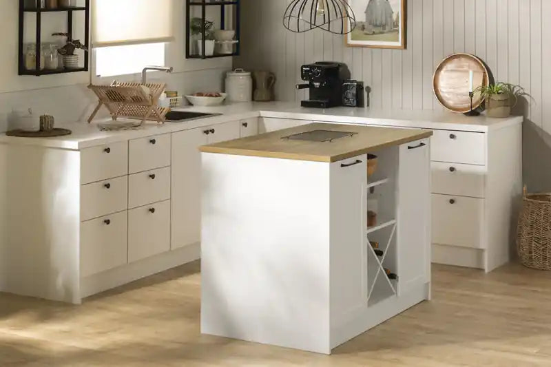 Îlot de cuisine 6 tiroirs avec portes et rangement à vin - Blanc et Érable Muscade