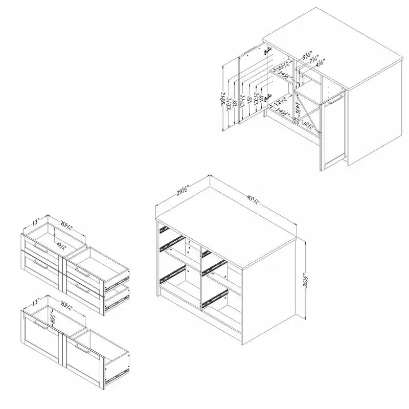 Îlot de cuisine 6 tiroirs avec portes et rangement à vin - Blanc et Érable Muscade