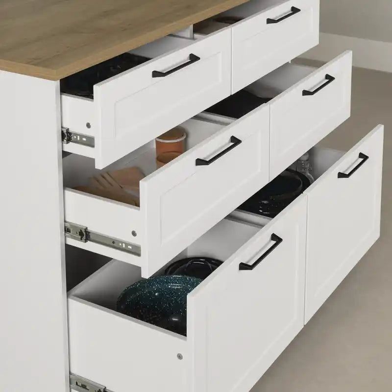 Îlot de cuisine 6 tiroirs avec portes et rangement à vin - Blanc et Érable Muscade