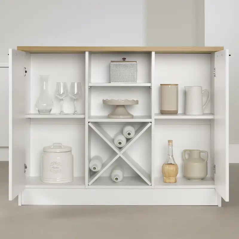 Îlot de cuisine 6 tiroirs avec portes et rangement à vin - Blanc et Érable Muscade