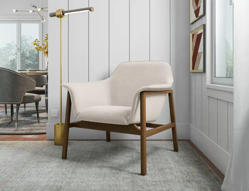 Fauteuil d'appoint en tissu façon lin - Crème et Noyer