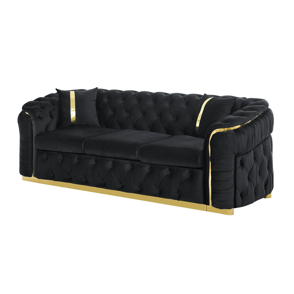 Canapé 3 places Velvet 90,6 po avec 2 oreillers, coussins haute densité, accents dorés et oreillers