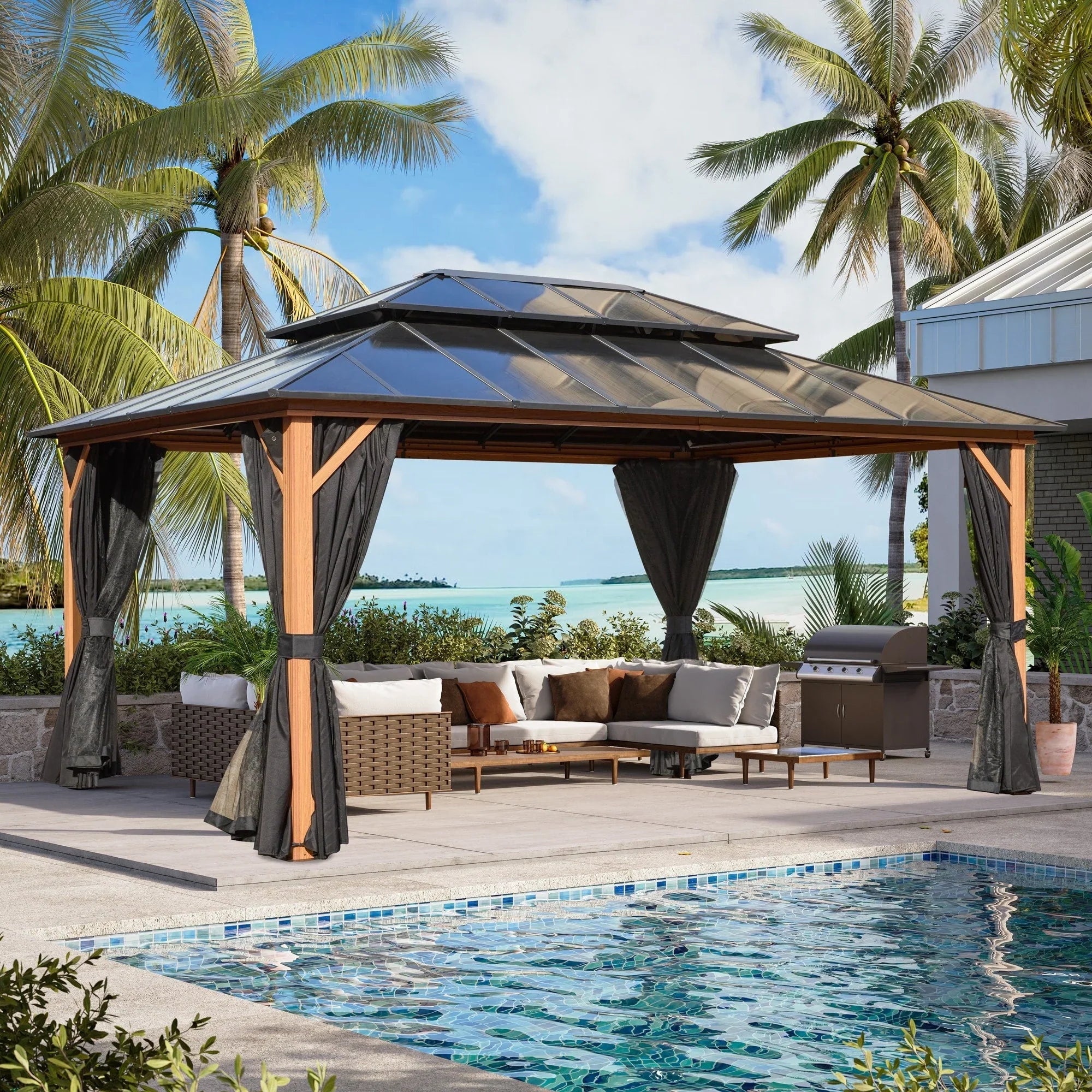 Tonnelle EROMMY à toit rigide, pergola extérieure avec double toit, moustiquaire et rideaux, auvent robuste pour patio, jardin, fête au bord de la piscine