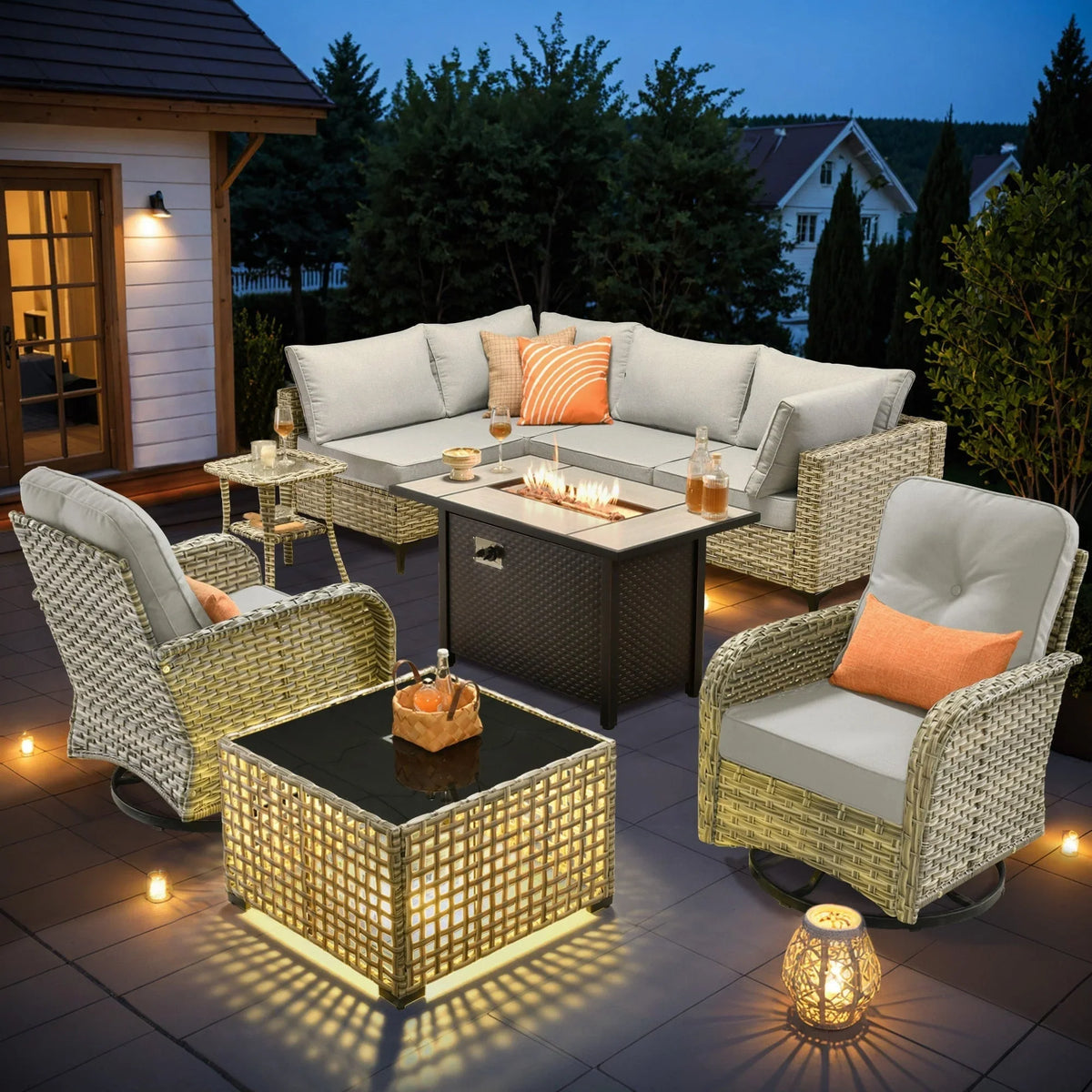 Ensemble de 9 chaises pivotantes en osier d'extérieur OVIOS avec table brasero