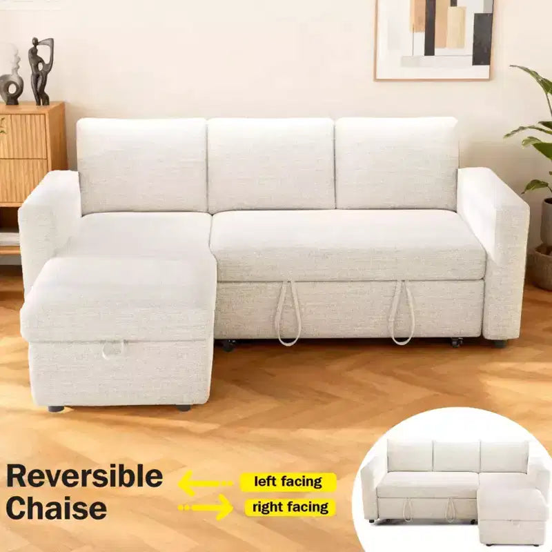 Canapé-lit convertible 2-en-1 avec méridienne de rangement, canapé d'angle en chenille avec ports USB pour salon