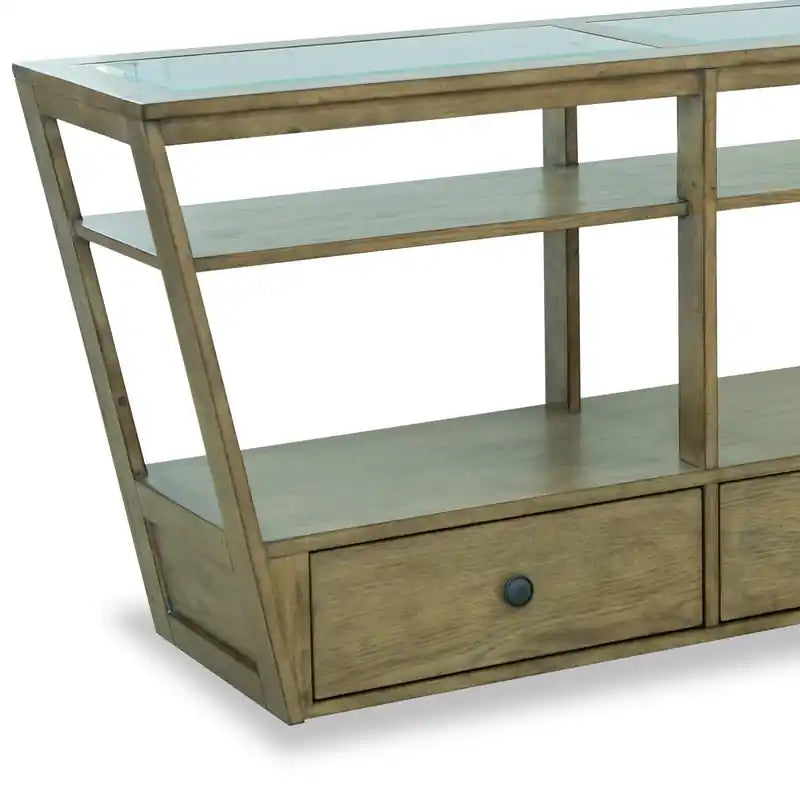 56 Table basse traditionnelle en bois clair avec plateau en verre, tiroir de rangement et étagère