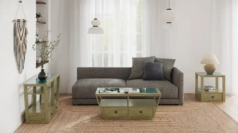56 Table basse traditionnelle en bois clair avec plateau en verre, tiroir de rangement et étagère